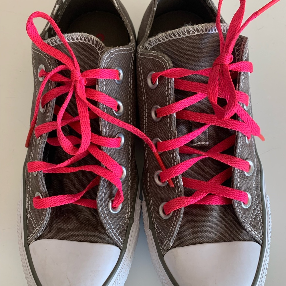 Converse All Stars Dark Khaki double tongue Sneakers w/ pink laces & accents Sz6 - Picture 2 of 7